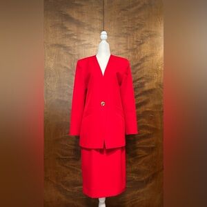 Vintage Oleg Cassini Fall Blazer & Pencil Skirt Suit Set Womens 8 Red Lined EUC